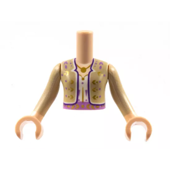 Torso Mini Doll Girl, Tan Jacket with Gold and Medium Lavender Flowers, Dark Purple Trim, Pendant Necklace, White Shirt Pattern, Light Nougat Arms with Hands with Tan Long Sleeves