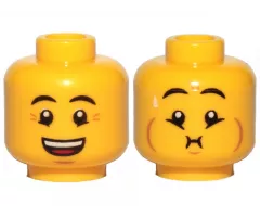 Minifigure, Head Dual Sided Eyebrows, Crow's Feet, Open Mouth Smile / Queasy Expression with Sweat Drop Pattern