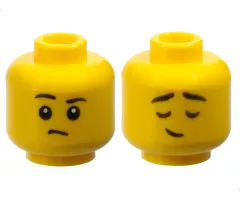 Minifigure, Head Dual Sided Child Black Eyebrows, Right Raised, Small Frown / Eyes Closed, Small Lopsided Grin Pattern