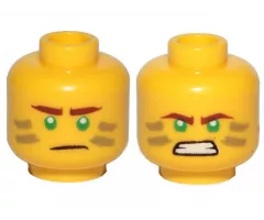 Minifigure, Head Dual Sided Reddish Brown Eyebrows, Green Eyes, Dark Tan Stripes, Scowl / Angry Pattern (Lloyd)