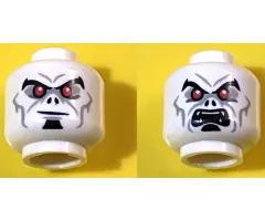 Minifigure, Head Dual Sided Alien Black Eyebrows and Soul Patch, Red Eyes, Light Bluish Gray Eye Shadow and Lines, Smirk / Angry with Fangs Pattern
