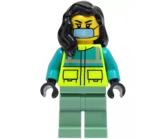 Ambulance Driver - Female, Dark Turquoise and Neon Yellow Safety Vest, Sand Green Legs, Black Hair, Surgical Mask