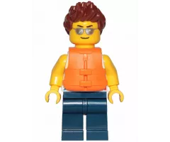 Tank Top with Surfer Silhouette, Dark Blue Legs, Reddish Brown Hair Spiked, Life Jacket 2 Straps, Silver Sunglasses