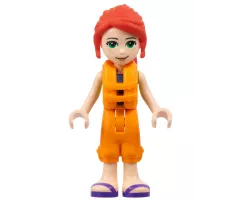 Friends Mia, Lime Jacket Vest with Pockets, Orange Trousers Cropped, Dark Purple Sandals, Orange Life Jacket