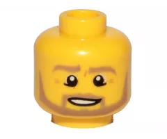 Minifigure, Head Dark Tan Eyebrows, Moustache and Angular Beard, Lower Eyelids, Medium Nougat Wrinkles, Lopsided Open Mouth Smile with Teeth and Top Lip Line Pattern