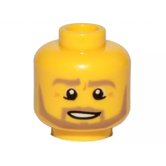 Minifigure, Head Dark Tan Eyebrows, Moustache and Angular Beard, Lower Eyelids, Medium Nougat Wrinkles, Lopsided Open Mouth Smile with Teeth and Top Lip Line Pattern