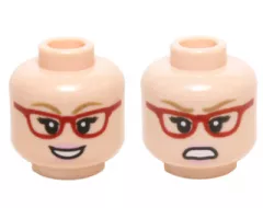 Minifigure, Head Dual Sided Female Glasses Red Angled Frames, Dark Tan Eyebrows with Open Smile / Angry Pattern (Bernadette)