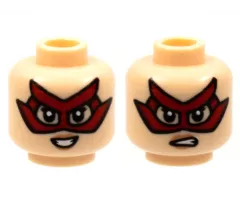 Minifigure, Head Dual Sided Female, Red Domino Mask with 4 Points, Peach Lips, Smile / Sneer Pattern