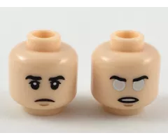 Minifigure, Head Dual Sided Black Eyebrows, Upper Eyelids, Medium Nougat Chin Dimple, Frown / Open Mouth with Teeth, Silver and White Eyes Pattern
