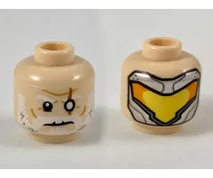 Minifigure, Head Dual Sided White Eyebrows and Beard, White Left Eye with Slash Scar / Silver Mask with Yellow and Orange Visor Pattern
