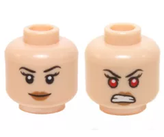 Minifigure, Head Dual Sided Female Black Eyebrows, Long Eyelashes, Medium Nougat Lips, Grin / Bared Teeth and Red Eyes Pattern