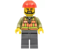 Light Orange Safety Vest, Dark Bluish Gray Legs, Red Construction Helmet, Black Beard