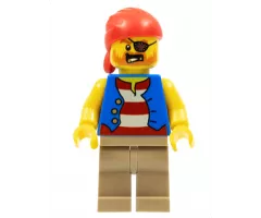 Pirate Man, Striped Red and White Shirt Under Blue Vest, Red Bandana, Left Eye Patch and 3 Gold Teeth, Dark Tan Legs
