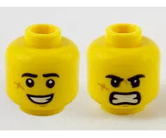 Minifigure, Head Dual Sided Black Eyebrows, Cheek Scar, Large Smile with Teeth / Angry Pattern