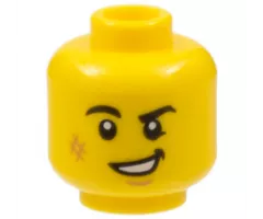 Minifigure, Head Black Eyebrows, Right Rounded, Medium Nougat Scuff Mark and Chin Dimple, Lopsided Open Mouth Smile with Teeth Pattern