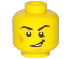 Minifigure, Head Black Eyebrows, Right Angled, Medium Nougat Scuff Mark and Chin Dimple, Lopsided Open Mouth Smile with Teeth Pattern