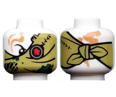 Minifigure, Head Alien Ninjago Red Eye Fan Left, Olive Green Bandana Wrap, Knot on Back Pattern