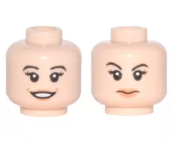 Minifigure, Head Dual Sided Female Black Eyebrows and Long Eyelashes, Nougat Lips, Open Smile / Closed Mouth, Eyebrow Raised Pattern