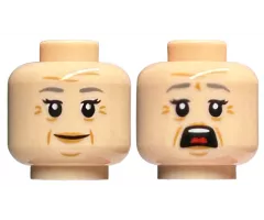Minifigure, Head Dual Sided Female Dark Bluish Gray Eyebrows, Wrinkles, Smile / Open Mouth Scared Pattern