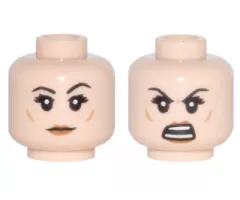 Minifigure, Head Dual Sided Female Black Eyebrows, Eyelashes, Medium Nougat Cheek Dimples, Dark Orange Lips, Neutral / Open Mouth Angry with Teeth Parted Pattern