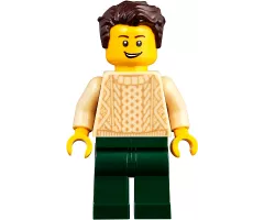 Man with Dark Brown Hair, Tan Sweater and Dark Green Legs