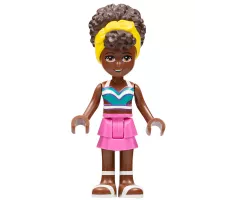Friends Nandi, White and Dark Turquoise Tank Top, Dark Pink Skirt, White Sandals, Yellow Head Wrap