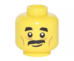 Minifigure, Head Black Short Thick Eyebrows, Moustache, Nougat Cheek Lines and Creases Under Eyes, Lopsided Grin Pattern