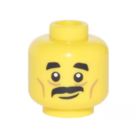 Minifigure, Head Black Short Thick Eyebrows, Moustache, Nougat Cheek Lines and Creases Under Eyes, Lopsided Grin Pattern