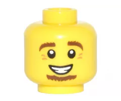 Minifigure, Head Reddish Brown Bushy Eyebrows and Wide Goatee, Nougat Eye Wrinkles, Open Mouth Smile with Teeth Pattern