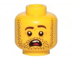 Minifigure, Head Dark Brown Beard Stubble, Dark Brown Eyebrows, Left Raised, Open Mouth, Teeth and Tongue, Scared Pattern
