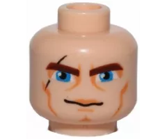 Minifigure, Head Reddish Brown Thick Eyebrows, Large Blue Eyes, Black Scar, Nougat Eye Shadow, Upper Lip, Cheek Lines and Chin Dimple, Slight Grin Pattern