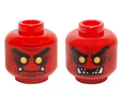 Minifigure, Head Dual Sided Alien Black Eyebrows, Yellow Eyes, Dark Red Spots, 2 Fangs, Closed Mouth / Open Mouth Teeth Pattern