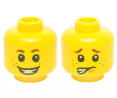 Minifigure, Head Dual Sided Child Small Reddish Brown Eyebrows and Freckles, Open Mouth Smile with Teeth / Worried Pattern