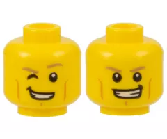Minifigure, Head Dual Sided Dark Tan Eyebrows, Medium Nougat Cheek Lines and Chin Dimple, Lopsided Open Mouth Smile with Teeth, Right Eye Winking / Both Eyes Open Pattern