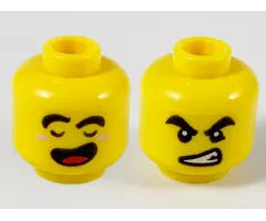 Minifigure, Head Dual Sided Black Thick Eyebrows, Closed Eyes and Open Mouth with Red Tongue / Angry with Bared Teeth Pattern