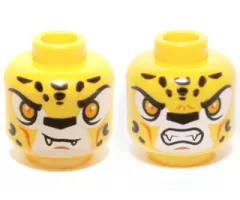 Minifigure, Head Dual Sided Alien Chima Leopard with Bright Light Orange Eyes, Fangs and Black Spots, Neutral / Angry Pattern (Lundor)