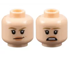 Minifigure, Head Dual Sided Female Dark Tan Eyebrows, Small Black Eyelashes, Nougat Lips, Smirk / Scared Pattern