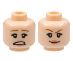 Minifigure, Head Dual Sided Female Dark Orange Eyebrows, Black Eyelashes, Nougat Lips, Scared Open Mouth with Teeth / Smirk Pattern