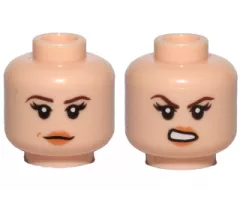 Minifigure, Head Dual Sided Female Dark Brown Eyebrows, Black Eyelashes, Nougat Lips, Neutral with Dimple / Open Mouth Scowl with Teeth Pattern