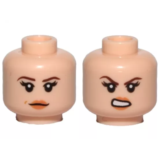 Minifigure, Head Dual Sided Female Dark Brown Eyebrows, Black Eyelashes, Nougat Lips, Neutral with Dimple / Open Mouth Scowl with Teeth Pattern