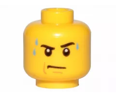 Minifigure, Head Black Eyebrows, Left Raised, Bright Light Blue Sweat Drops, Nougat Jowl Line and Chin Dimple, Stern Pattern