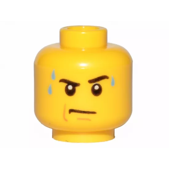 Minifigure, Head Black Eyebrows, Left Raised, Bright Light Blue Sweat Drops, Nougat Jowl Line and Chin Dimple, Stern Pattern