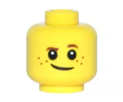 Minifigure, Head Child Brown Eyebrows, Raised Left Eyebrow, Freckles, White Pupils, Crooked Smile Pattern