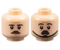 Minifigure, Head Dual Sided Dark Brown Eyebrows and Small Moustache, Medium Nougat Wrinkles, Small Frown / Chin Strap and Surprised Open Mouth with Bottom Teeth Pattern