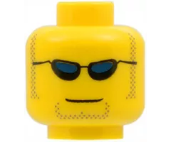 Minifigure, Head Black Sunglasses with Dark Blue Lenses, Dark Tan Sideburns and Goatee Stubble, Grin Pattern