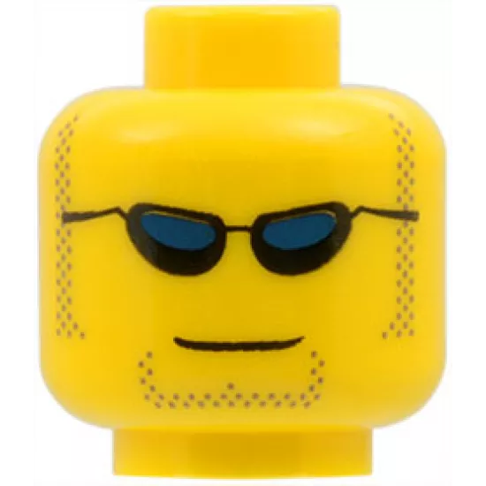 Minifigure, Head Black Sunglasses with Dark Blue Lenses, Dark Tan Sideburns and Goatee Stubble, Grin Pattern