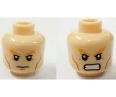 Minifigure, Head Dual Sided Bright Light Orange Bushy Eyebrows, Upper Eyelids, Medium Nougat Cheek Lines, Stern with Chin Dimple / Angry Bared Teeth Pattern