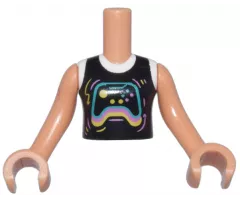 Torso Mini Doll Girl Black and White Shirt with Dark Turquoise, Bright Pink, and Yellow Video Game Controller Pattern, Nougat Arms with Hands