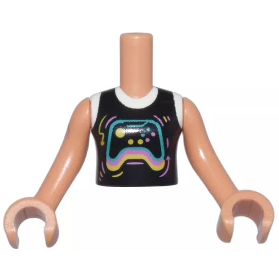 Torso Mini Doll Girl Black and White Shirt with Dark Turquoise, Bright Pink, and Yellow Video Game Controller Pattern, Nougat Arms with Hands