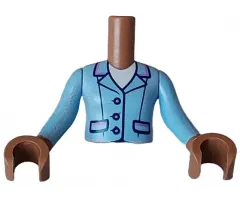 Torso Mini Doll Girl Bright Light Blue Jacket with Medium Lavender Buttons, Pockets and Collar Edges over White Shirt Pattern, Medium Brown Arms with Hands with Bright Light Blue Long Sleeves